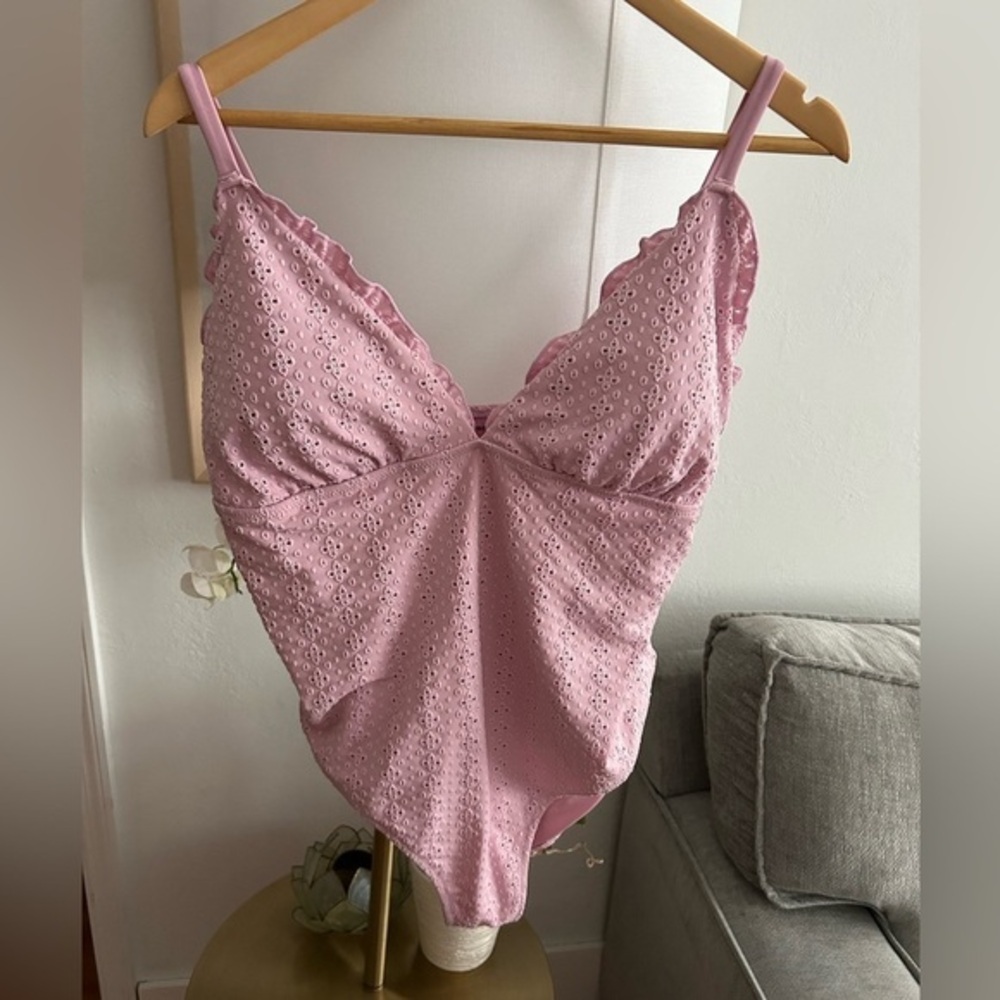 Pink  Eyelet Embroidered  Ruffles One Piece Swimsuit  2X